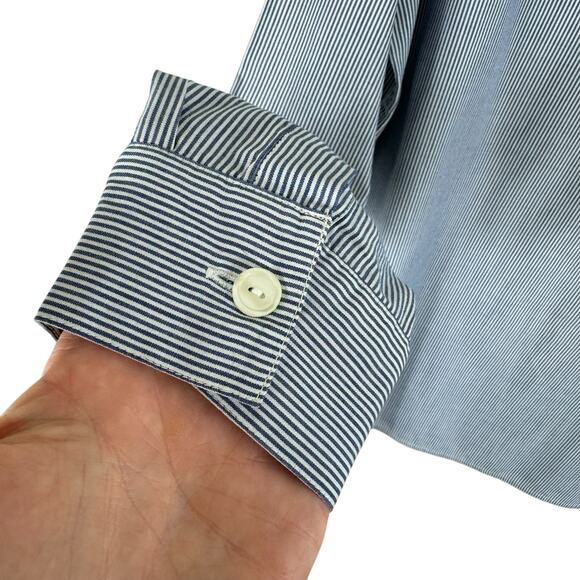 Impressions Blue White Pinstriped Long Sleeve Collared Lightweight Button Up 14 - Picture 4 of 6